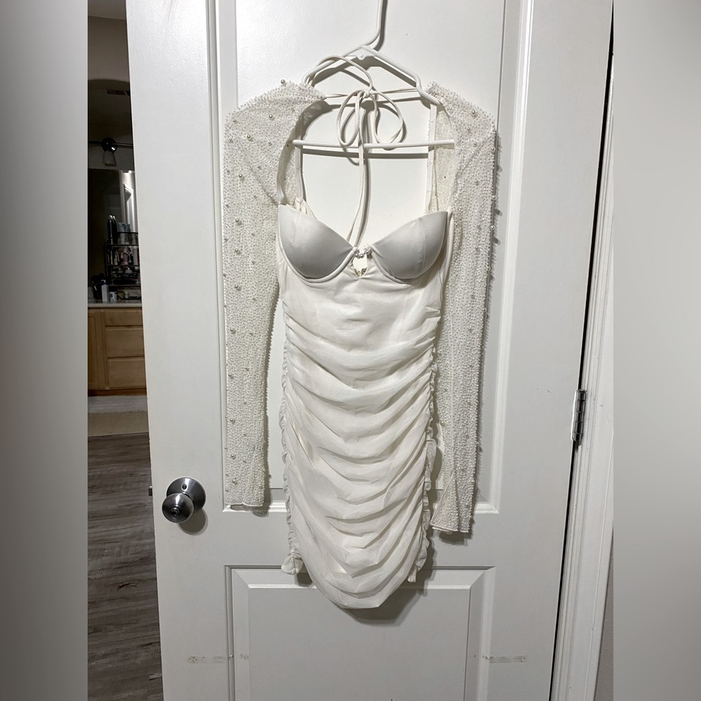 OH Polly Embellished Long Sleeve Mini Dress in White